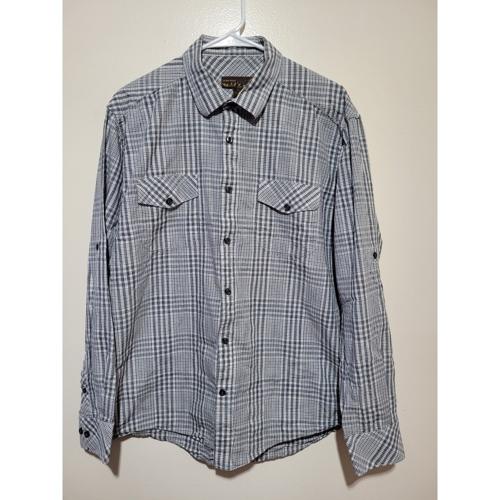Pronto Uomo Blue Button Down Shirt Mens‎ Large Grey Plaid Long Sleeve Cotton